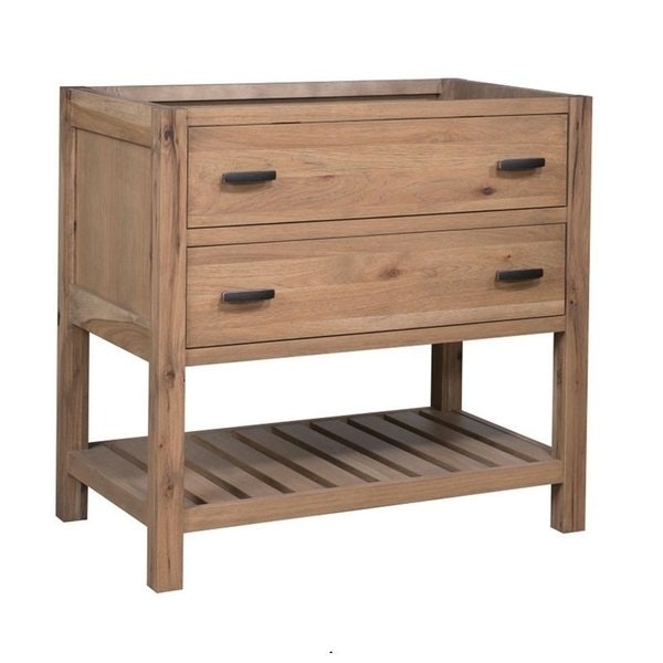 Warm Wood Farmhouse Vanity, Slatted Open Shelf, Stone-Like Top