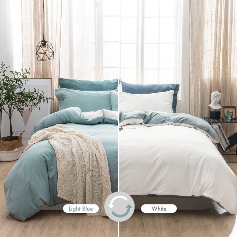 Washed Cotton Duvet Cover Set, Crinkled Texture, Coastal Style.