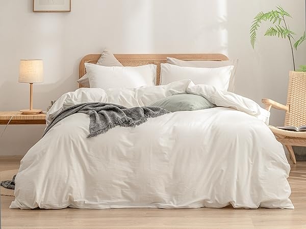 Washed Cotton Duvet Cover Set, Off-White with Relaxed Linen Texture