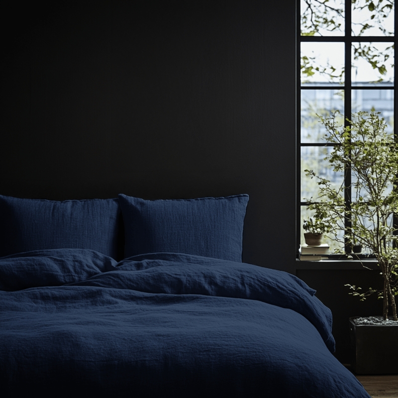 Washed Linen Duvet Cover Set in Royal Blue for Moody Minimalist Bedroom.