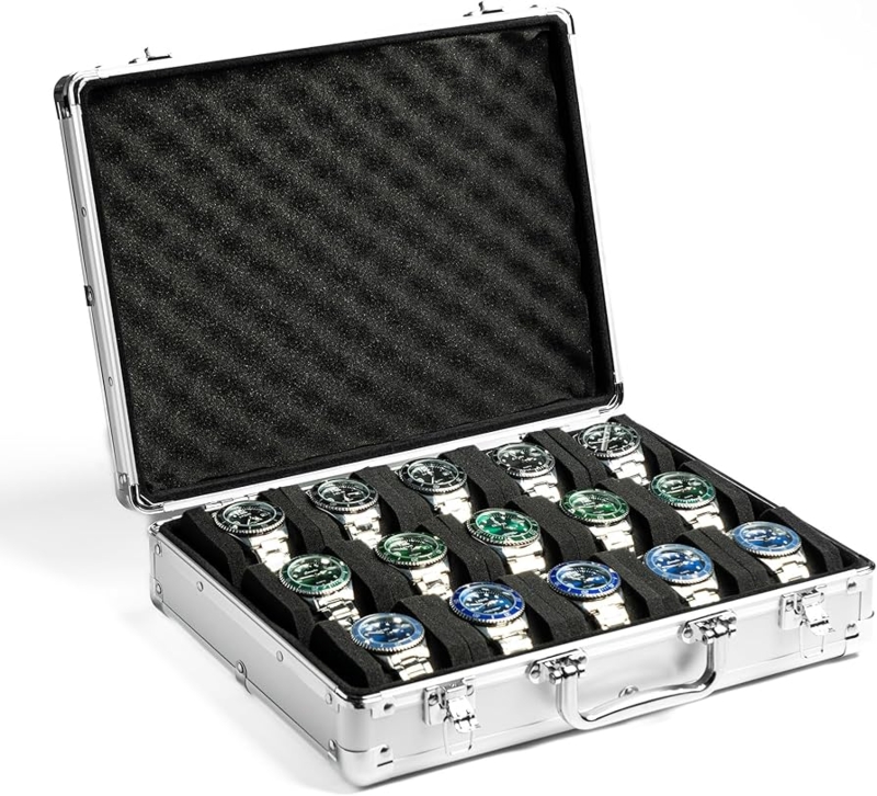 Watch Box Aluminum Casing Fifteen Slots Padded Cushions Reinforced
