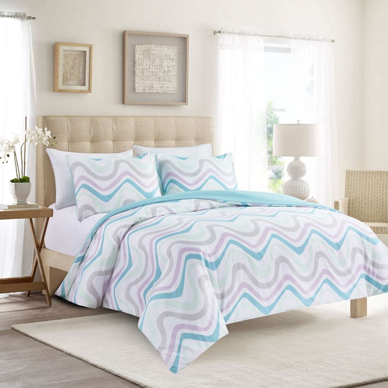 Wavy Print Duvet Cover Set Abstract Lines Teal Accent Coastal
