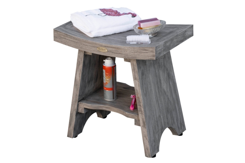 Weathered Gray Wood Shower Bench Curved Seat Shelf