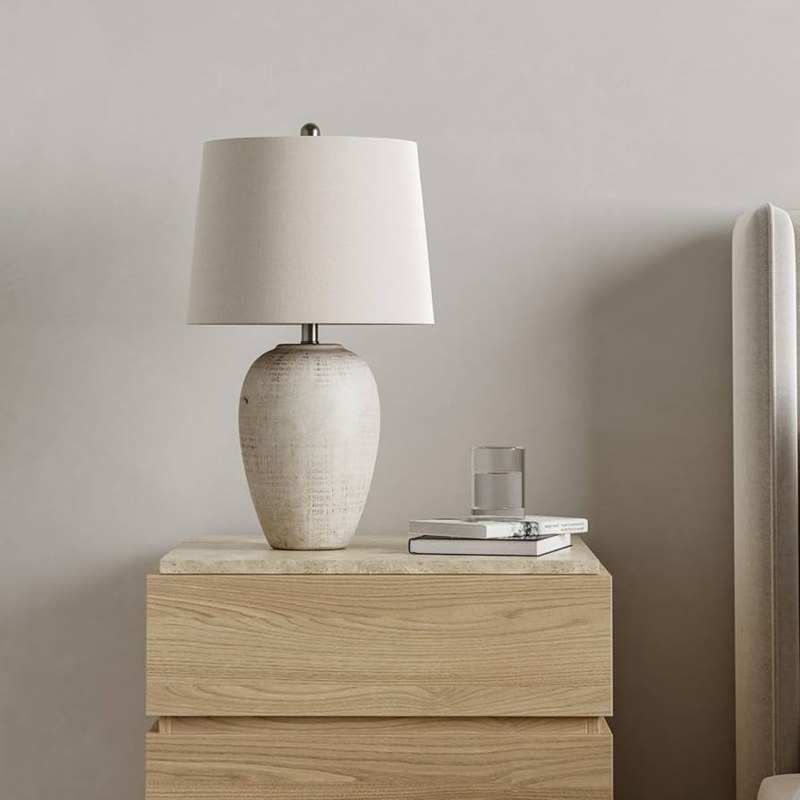 Weathered Jar Table Lamp, Pitted Ceramic Finish and Linen Shade.