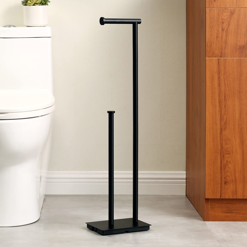 Weighted Base Toilet Paper Holder Freestanding Reserve Arm Matte Black