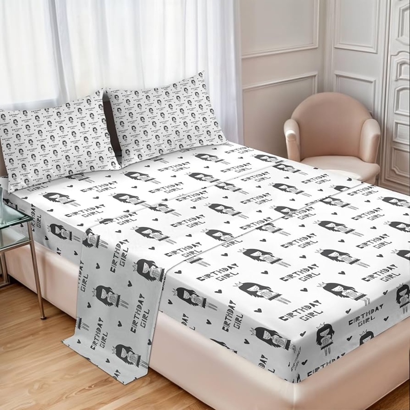 Whimsical Sheet Set Girl with Gift Illustration Grey White Scandinavian