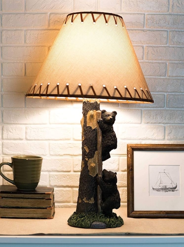 Whimsical Table Lamp Featuring Climbing Bear Cubs on Tree Trunk Base