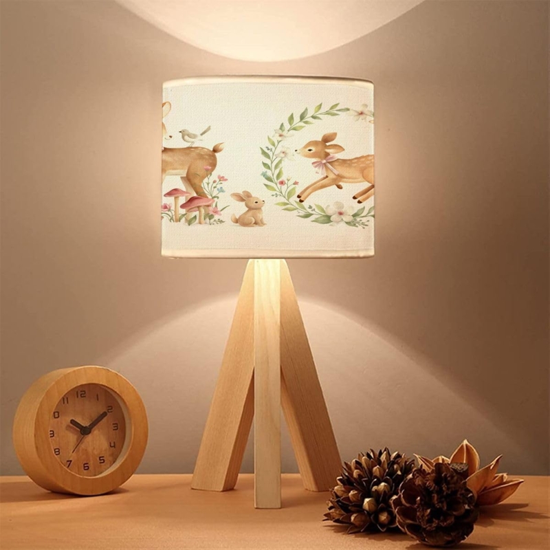 Whimsical Tripod Table Lamp with Watercolor Woodland Fawn Print Shade