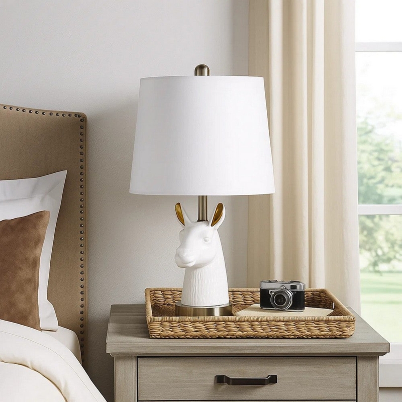 Whimsical White Llama Head Table Lamp with Matching Drum Shade