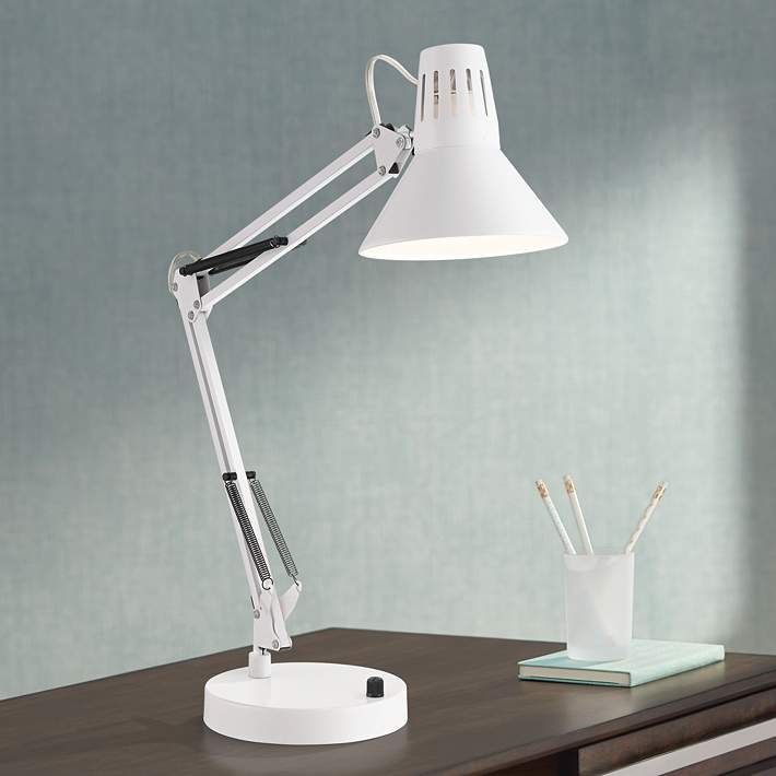 White Architect Desk Lamp with USB Port and Adjustable Swing Arm