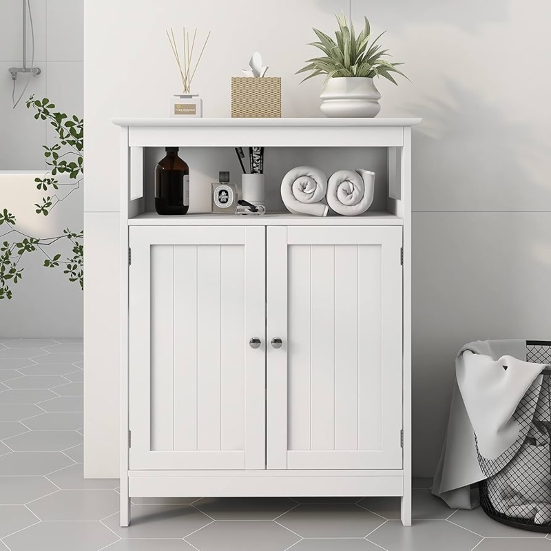 White Bathroom Cabinet, Slim Profile Shaker Doors, Small Space Linen Storage