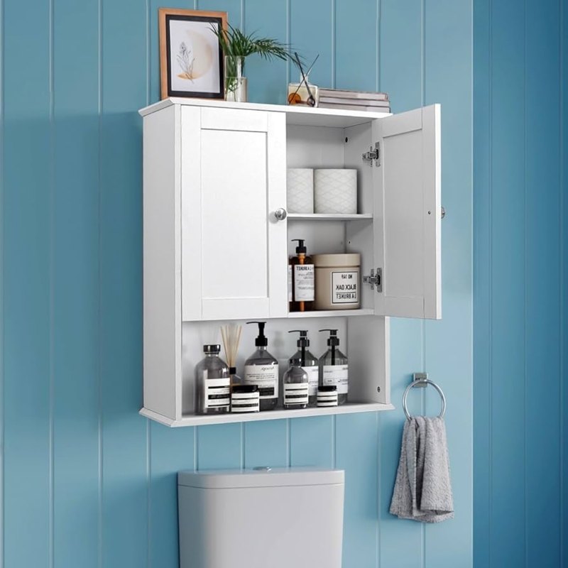 White Bathroom Cabinet with Two Doors and Open Bottom Shelf Storage