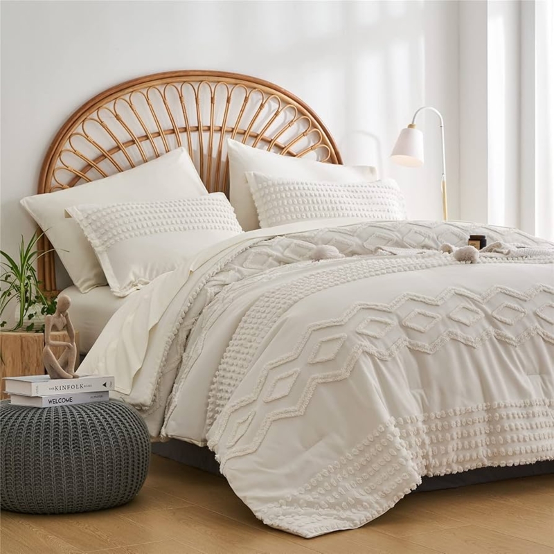 White Boho Bedroom Inspiration with Tufted Geometric Bedding