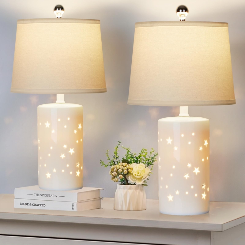 White Ceramic Table Lamp Set, Ribbed Base, Polished Gold Neck Accent