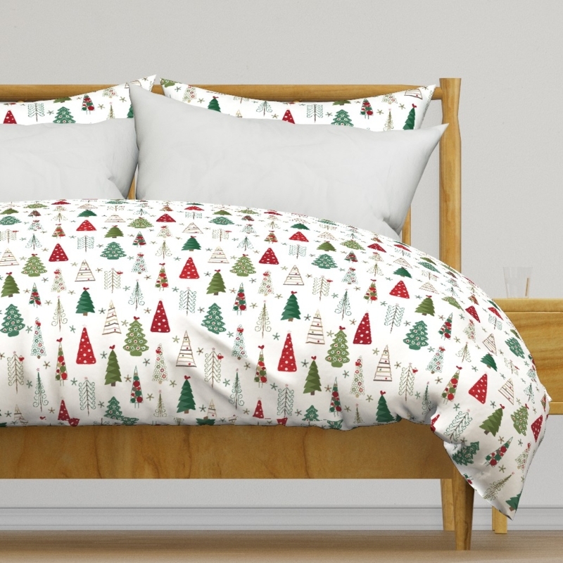 White Duvet Cover, Scandinavian Christmas Tree Print, Festive Holiday