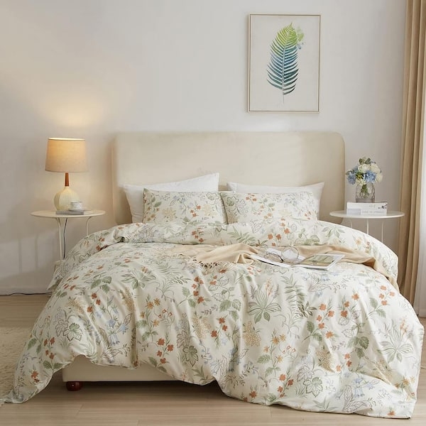White Duvet Cover Set, Delicate Botanical Vintage Style Bedding