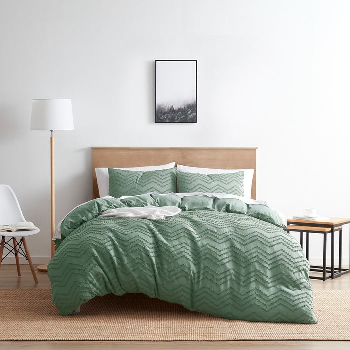 White Duvet Cover Set Raised Geometric Tufting, Modern Teal Accent