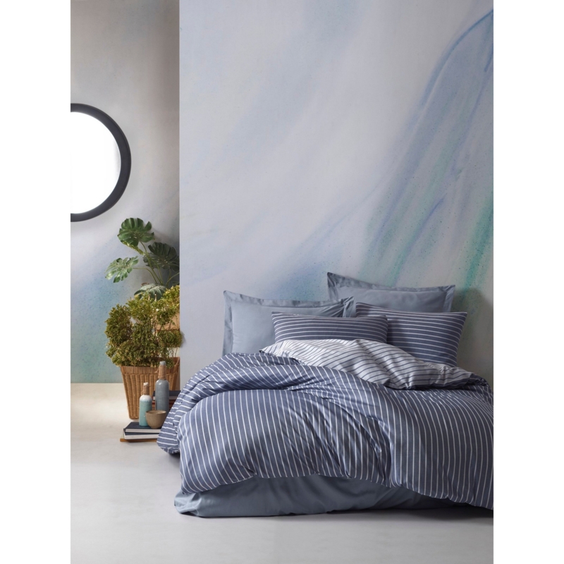 White Duvet Cover Set with Charcoal Vertical Stripes Linen Like Airy