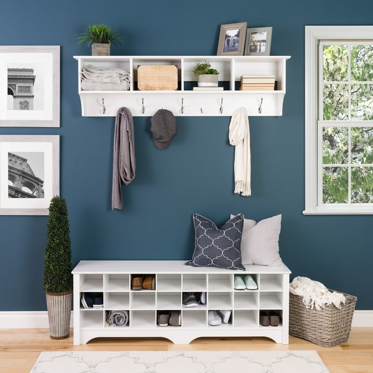 White Entryway Cubby Shelf with Wall Mounted Double Hooks