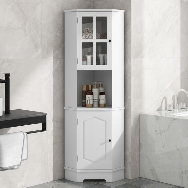 White Farmhouse Corner Cabinet with Cross Mullion Glass Door