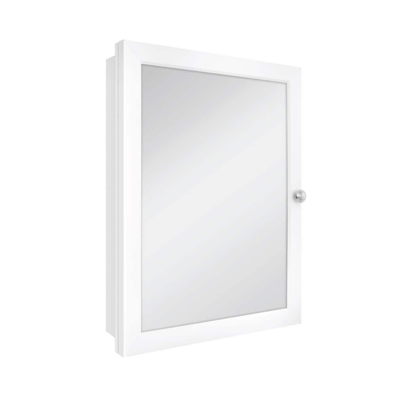 White Framed Medicine Cabinet with Adjustable Glass Shelves.