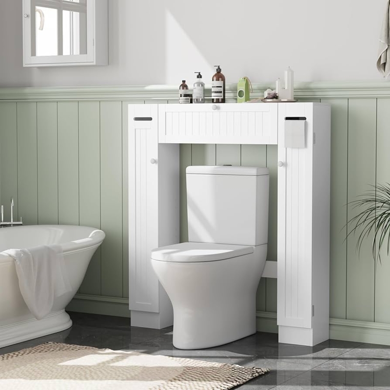 White Freestanding Toilet Paper Holder Cabinet with Side Storage