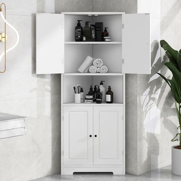 White Louvered Door Corner Cabinet: Tall Bathroom Storage
