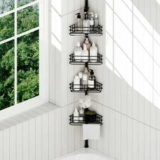 White Metal Tension Pole Shower Caddy with Four-Tier Design