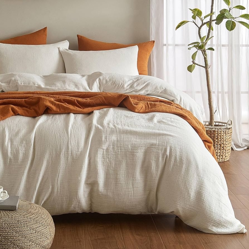 White Muslin Duvet Cover Set Crinkled Texture Gauze Modern Bedding