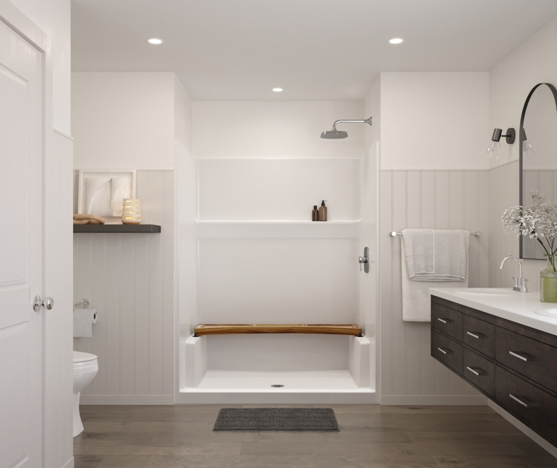 White One-Piece Alcove Shower Integrated Corner Bench
