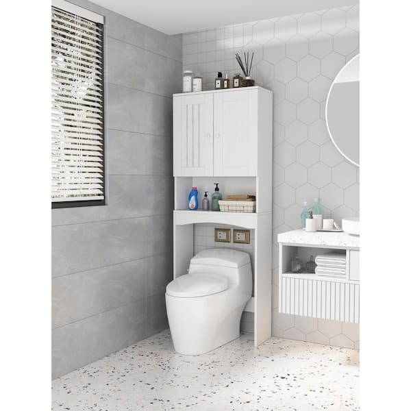 White Over The Toilet Cabinet Semi-Gloss Window Pane Doors Transitional