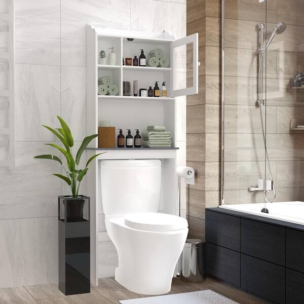 White Over-The-Toilet Cabinet with Glass Panels and Recessed Sides