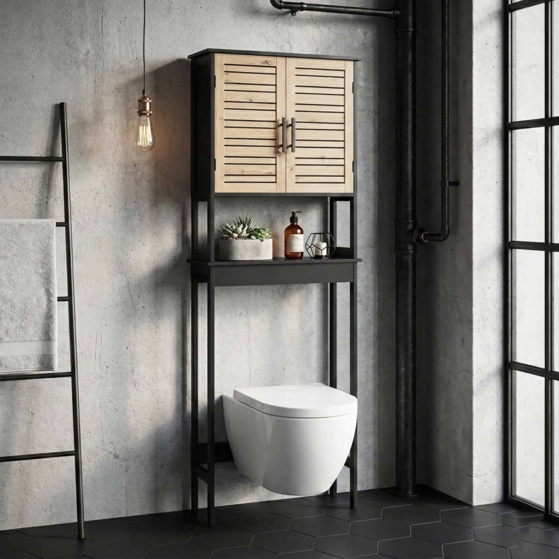 White Over The Toilet Storage Cabinet with Louvered Doors, Wood Top.