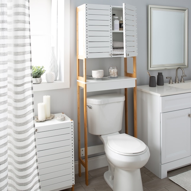 White Over-The-Toilet Storage, Slatted Shelf Surfaces, Minimalist Shelving