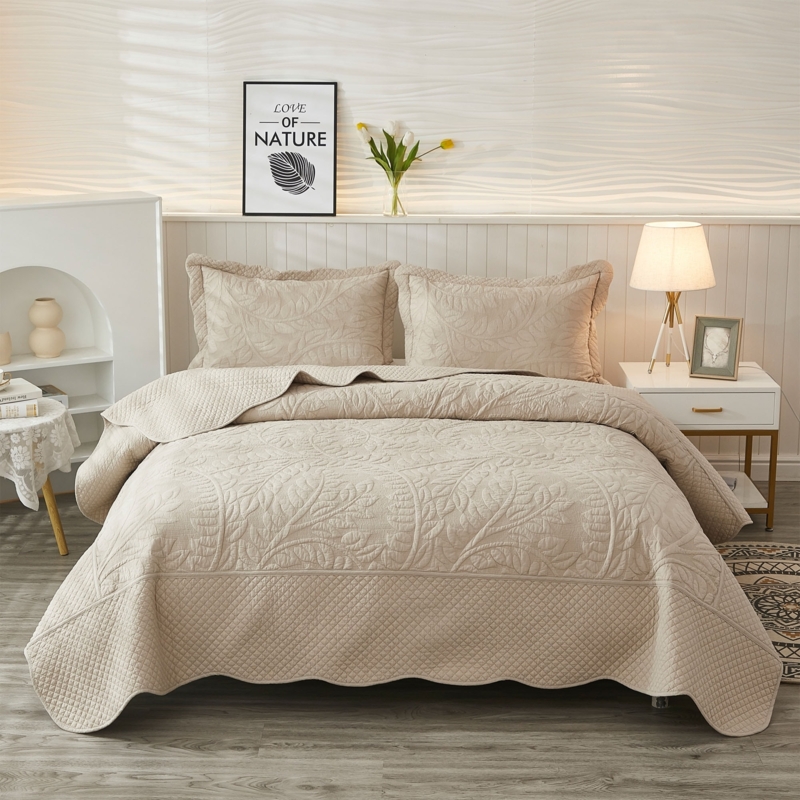 White Quilt Set: Oversized Drape with Floral Scrollwork Pattern