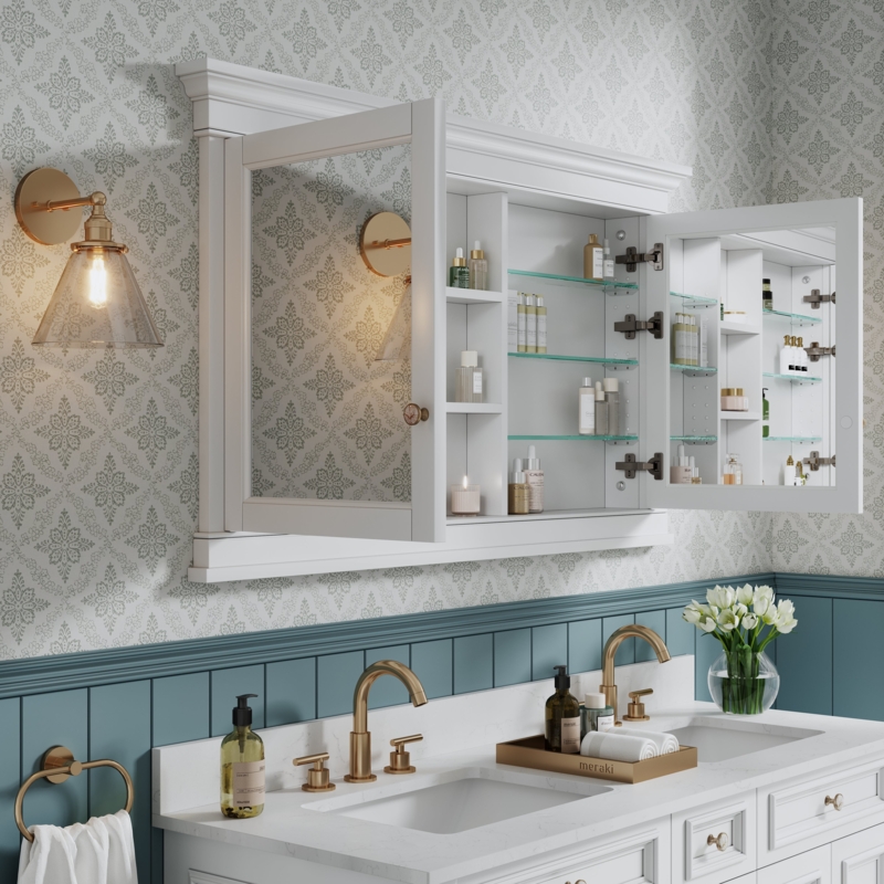 White Recessed Mount Medicine Cabinet with Large Triple Mirror Doors
