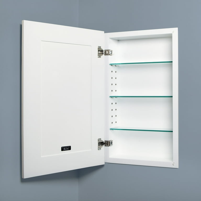 White Shaker Medicine Cabinet, Recessed Mount with Glass Shelving, No Mirror.