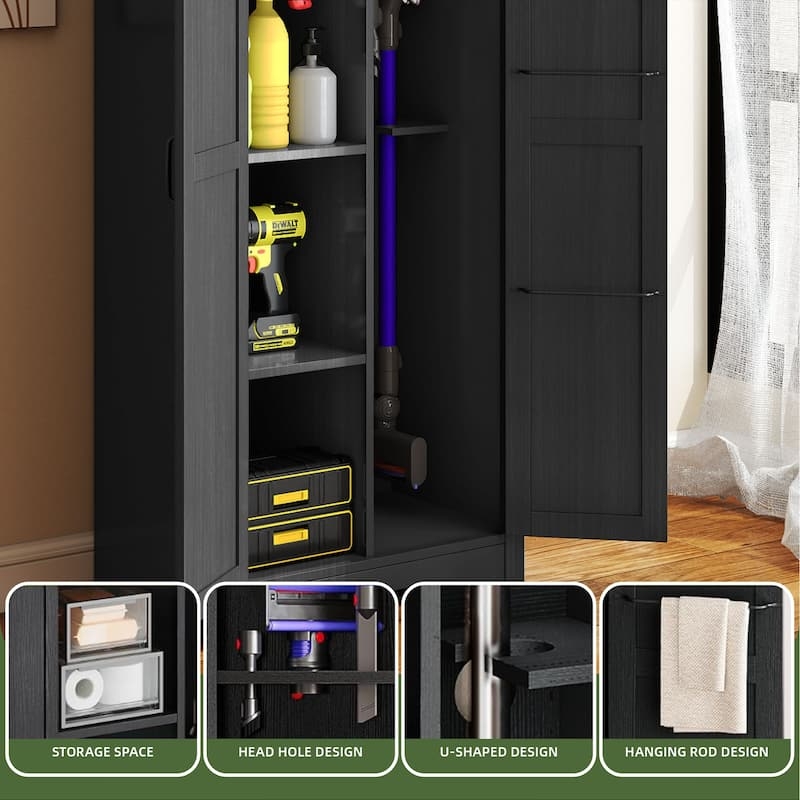 White Shaker Pantry Cabinet with Vertical Broom Compartment for Laundry