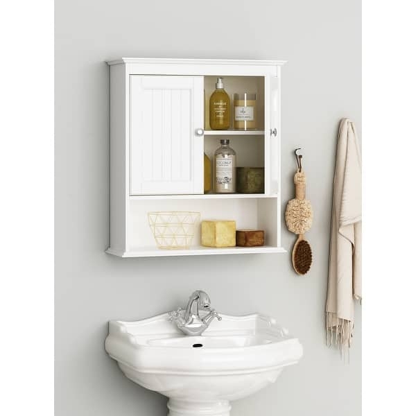 White Shaker Wall Cabinet with Frosted Glass Doors Over the Toilet
