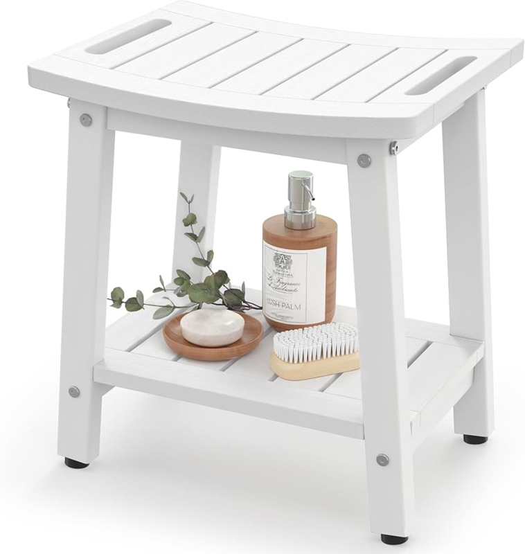 White Shower Bench with Integrated Handle and Adjustable Feet
