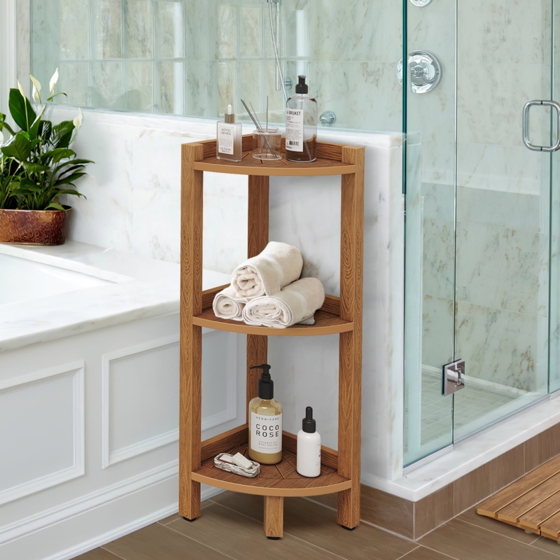 White Slatted Corner Shower Bench: Waterproof 3-Tier Stool