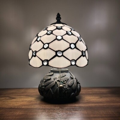 White Stained Glass Tiffany Style Mini Table Lamp with Ornate Base