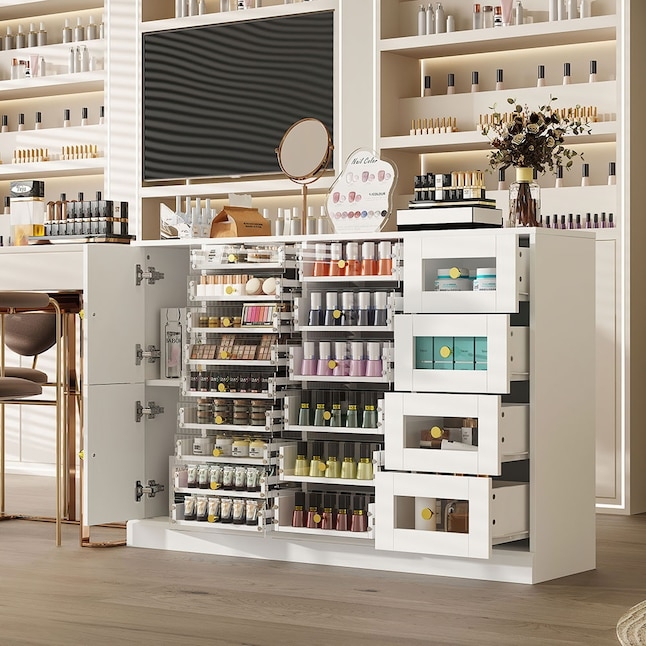 White Storage Cabinet with Acrylic Drawers and Gold Accents for Vanity.