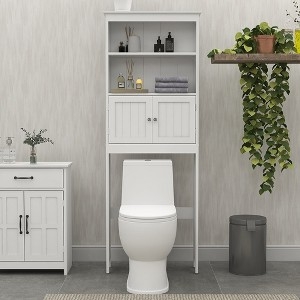 White Toilet Space Saver Cabinet with Shaker Doors and Silver Knobs