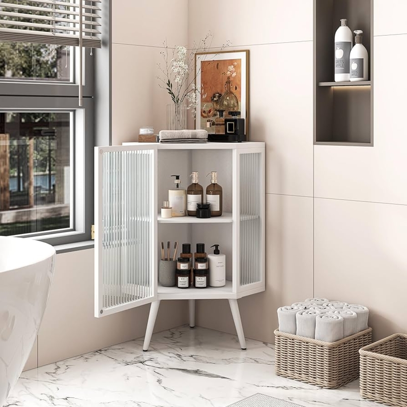 White Transitional Corner Cabinet featuring Lattice Glass Door Overlay