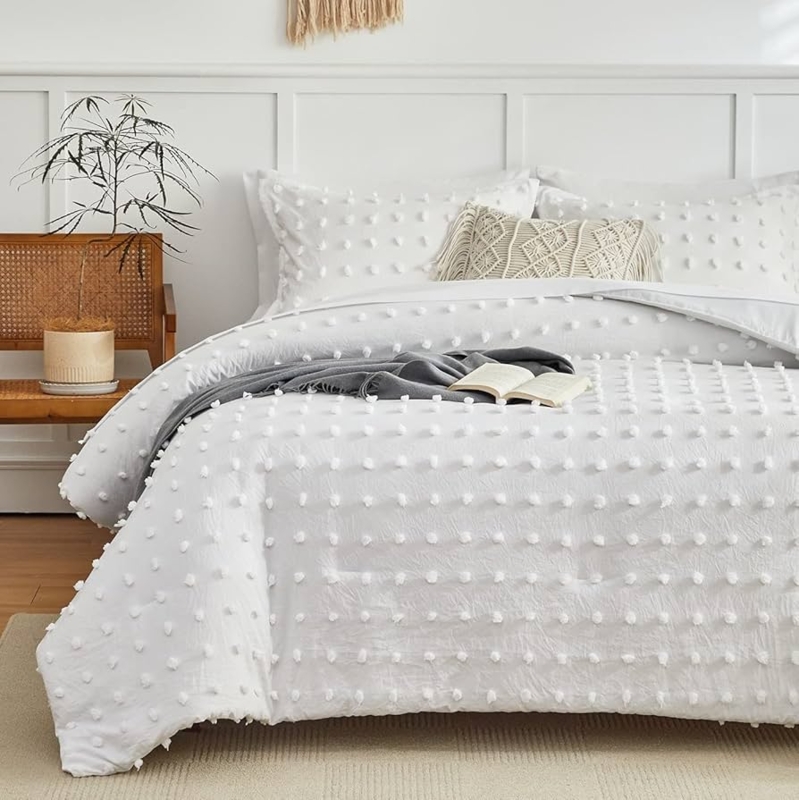 White Tufted Comforter Set with Pom Pom Trim and Dotted Pattern