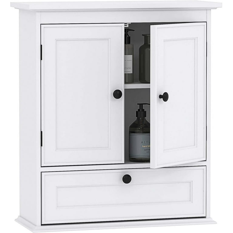 White Wall Cabinet with Frosted Glass Doors and Integrated Towel Bar