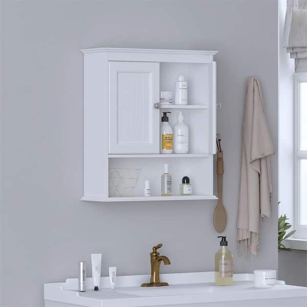 White Wall Cabinet with Glass Inserts and Over the Toilet Placement