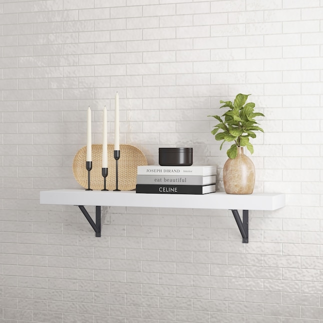 White Wall Shelf with Visible Brackets for Home Office Storage