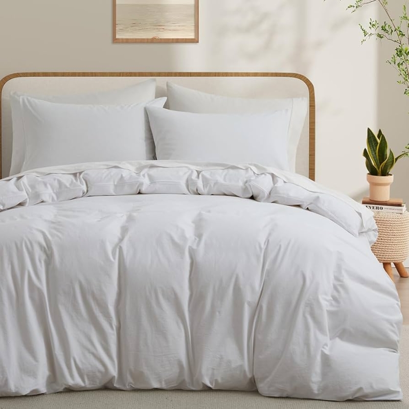White Washed Cotton Duvet Cover Set, Linen-Like Texture for Minimalist Homes